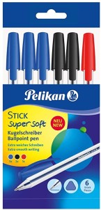 Długopis olejowy zwykły PELIKAN Stick Super Soft K86 kol. obudowy przezroczysty 3+2+1 kpl. 3 kol. / 6 szt. ; etui 804561