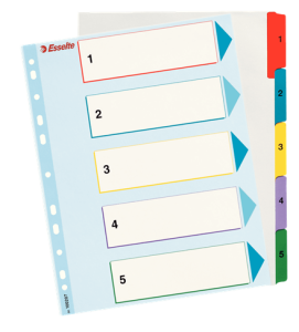 Przekładki numeryczne A4+ 1-5 ESSELTE karton kol. biały Maxi kolorowe indeksy 100207