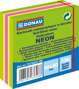 Bloczek samoprzylepny 50 x 50mm DONAU 250 karteczek wielokolorowy neonowy odcienie zielonego 7575031-99