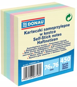 Bloczek samoprzylepny 76 x 76mm DONAU 450 karteczek wielokolorowy pastelowy 4 kolory 7589001-11