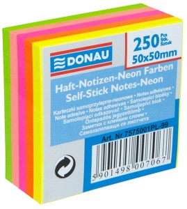 Bloczek samoprzylepny 50 x 50mm DONAU 250 karteczek wielokolorowy neonowy 7575001PL-99