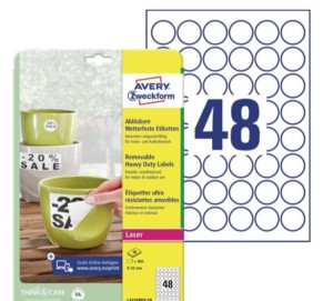 Etykiety ochronne i zabezpieczające HEAVY DUTY wodoodporne usuwalne poliestrowe AVERY ZWECKFORM Ø30mm kol. biały 960 szt. L4716REV-20
