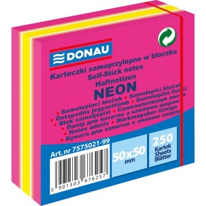 Bloczek samoprzylepny 50 x 50mm DONAU 250 karteczek wielokolorowy neonowy odcienie różowego 7575021-99