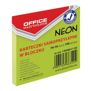 Bloczek samoprzylepny 76 x 76mm OFFICE PRODUCTS 100 karteczek kol. zielony neonowy 14046611-02