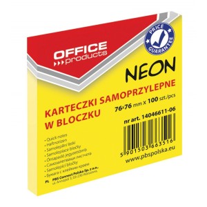 Bloczek samoprzylepny 76 x 76mm OFFICE PRODUCTS 100 karteczek kol. żółty neonowy 14046611-06