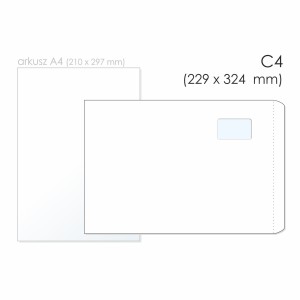 Koperta uniwersalna C4 SK NC KOPERTY kol. biały papier 229 x 324mm 90g okno prawa góra 55 x 90mm 250 szt. 31621220