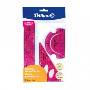 Zestaw geometryczny PELIKAN kol. różowy 20cm plastik elastyczny kątomierz, ekierka, linijka 700917