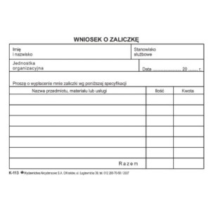 Druk - Wniosek o zaliczkę offset A6 WYDAWNICTWA AKCYDENSOWE poziomy dwustronna [K-113]