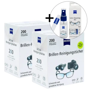 Zestaw chusteczki do czyszczenia okularów nasączane ZEISS saszetki 2 x 200 szt. + płyn 30ml ze ściereczką